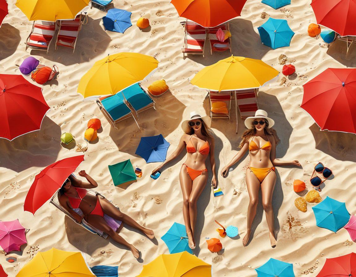 A vibrant beach scene with people wearing stylish swimwear, lounging under colorful umbrellas, and enjoying the sun; soft golden sand and crystal-clear water reflecting the sun's rays; a variety of fashionable accessories like sunglasses and beach hats scattered around; the atmosphere exuding a lively summer vibe. bright colors. super-realistic.