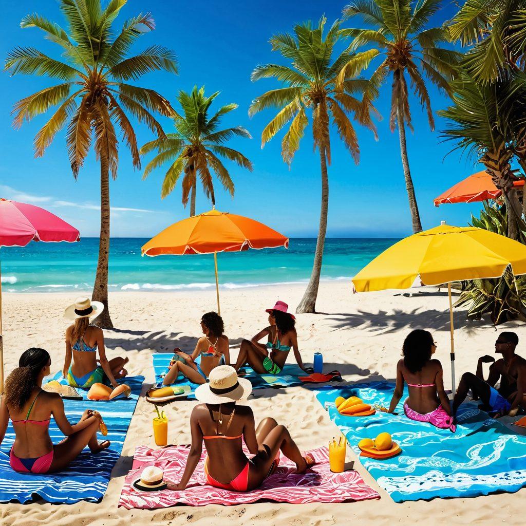 A vibrant tropical beach scene featuring a diverse group of stylish people wearing colorful, trendy swimwear and beachwear. Sunlight glistens off the water as they enjoy beach activities like surfing, volleyball, and lounging under umbrellas. Palm trees sway in the background, and beach accessories like hats and sunglasses add to the summer vibe. The foreground displays a vibrant beach towel with sunscreens and beach snacks. super-realistic. vibrant colors. sunny ambiance.